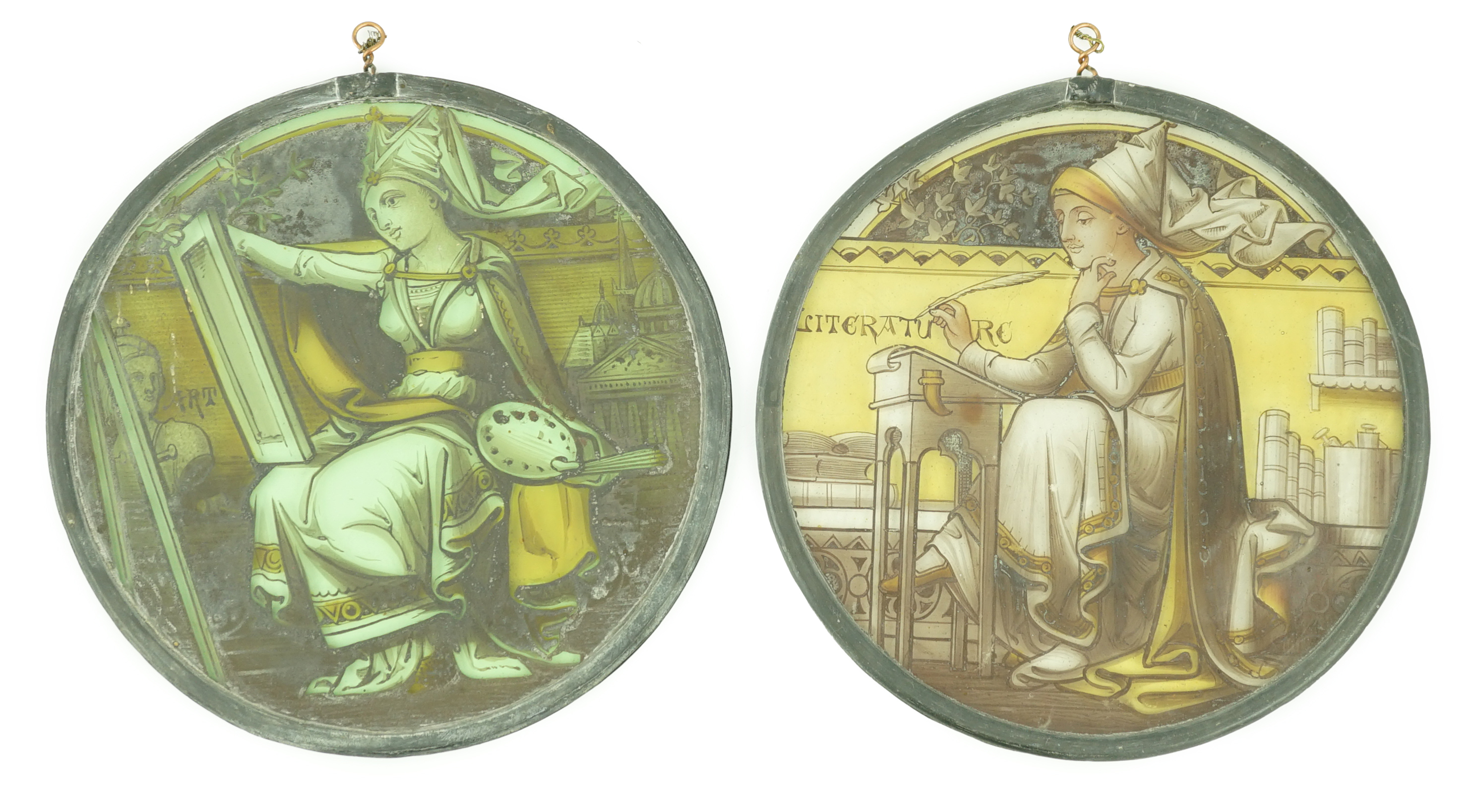 A pair of Victorian stained glass panels, 21.5cm diameter